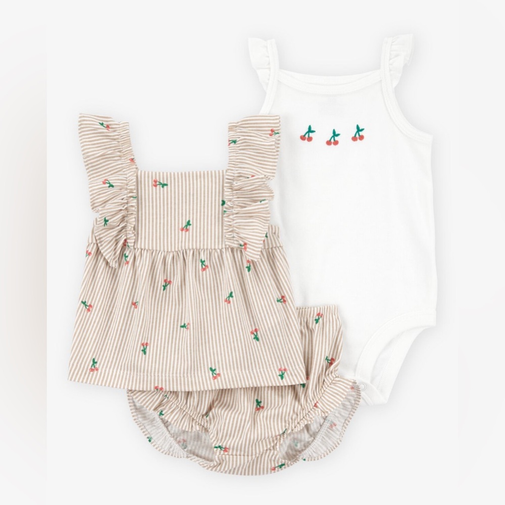 Carter's Baby Girl 3-Piece Striped Cherry Print Outfit Set - White/Pink sz 12M